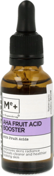 Serum Me+ AHA Fruit Acid Booster, bursztynowa butelka z czarnym zakraplaczem i biało-fioletową etykietą.