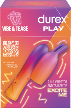 Durex Play Wibrator and Teaser Tip 2in1 w gradientowym opakowaniu, z fioletowo-pomarańczowym wibratorem.