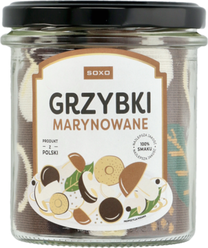 Słoik Soxo z brązowymi skarpetkami imitującymi grzybki marynowane, biała etykieta z napisem GRZYBKI MARYNOWANE.