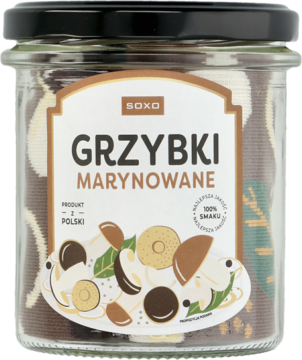 Słoik Soxo z brązowymi skarpetkami imitującymi grzybki marynowane, biała etykieta z napisem GRZYBKI MARYNOWANE.