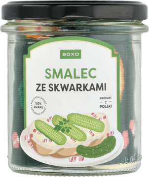 Zabawne skarpetki SOXO w szklanym słoiku z czarną nakrętką. Etykieta imituje smalec ze skwarkami i ogórkiem. Widok z przodu.