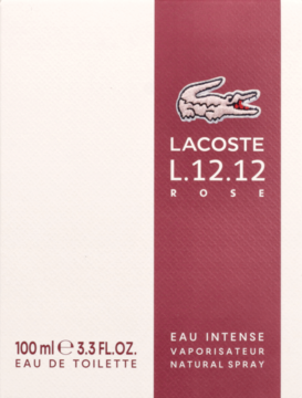 Pionowe opakowanie perfum Lacoste L.12.12 Rose Eau de Toilette, biało-bordowe, z logo krokodyla.