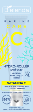 Bielenda Marine Care Eye Hydro-Roller, niebieska tubka z Witaminą C, algi, widok z przodu, głęboko nawilżający.