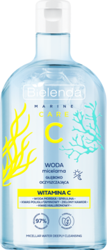 Bielenda Marine Care Woda Micelarna C w przezroczystej butelce z żółtymi i turkusowymi motywami morskimi.