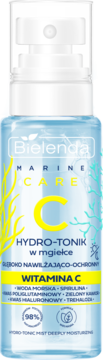 Bielenda Marine Care Hydro-tonik w mgiełce z witaminą C, niebieska butelka ze sprayem, widok z przodu.