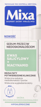 Mixa serum na niedoskonałości z kwasem salicylowym i niacynamidem, biało-zielone opakowanie, przód.