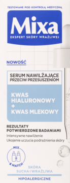 Białe pudełko serum Mixa nawilżające z kwasem hialuronowym i mlekowym. Do skóry suchej i wrażliwej, widok z przodu.