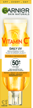 Garnier Skin Naturals rozświetlający fluid SPF 50+ z witaminą C, w pomarańczowej tubce, widok z przodu.