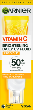 Garnier Vitamin C Brightening Daily UV Fluid SPF 50+ w biało-żółtym opakowaniu, widok z przodu.