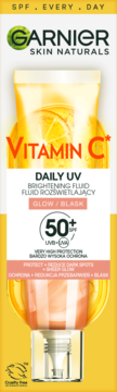 Garnier Vitamin C Daily UV Brightening Fluid SPF 50+, żółta tubka, widok z przodu, z cytrusem i płynem.