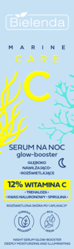 Bielenda Marine Care C serum z 12% witaminą C, rozświetlający glow-booster na noc, jasnoniebieskie opakowanie, widok z przodu.