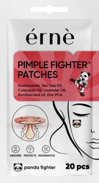 érnè Pimple Fighter Patches, białe opakowanie, różowy banner, 20 sztuk, Niacinamide, Zinc PCA, widok z przodu.