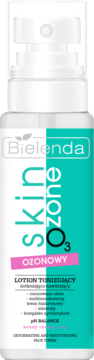 Bielenda Skin Ozone O3, dotleniająco-nawilżający lotion tonizujący w białej butelce z pompką, widok z przodu.