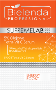 Bielenda Professional Supremelab 5% Oil Tetra-Vit C Serum w pomarańczowo-srebrnym pudełku, widok z przodu.