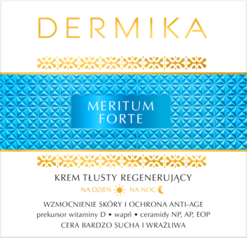Dermika Meritum Forte krem tłusty regenerujący do suchej skóry na dzień i noc, złoto-niebieskie opakowanie z wzorem.