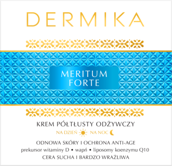 Dermika Meritum Forte półtłusty krem odżywczy na dzień/noc, biało-niebieski, dla cery suchej, wrażliwej, z wit. D, wapniem, Q10.