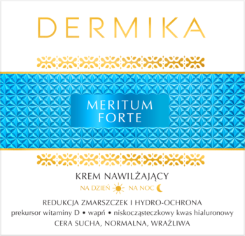 Dermika Meritum Forte nawilżający krem dzień/noc. Białe opakowanie z błękitnym wzorem, kwas hialuronowy, wit. D.