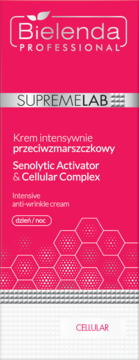 Różowe opakowanie kremu Bielenda Professional SUPREMELAB Senolytic Activator, intensywny krem przeciwzmarszczkowy na dzień/noc.