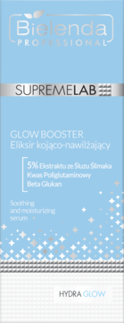 Jasnoniebieskie opakowanie serum Bielenda Professional SupremeLab Hydra Glow z kwasem poliglutaminowym, widok z przodu, ze srebrnymi detalami.