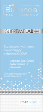 Bielenda Supremelab Hydra Glow bezolejowy hydro-krem, jasnoniebieskie opakowanie z efektem blasku, widok przód.