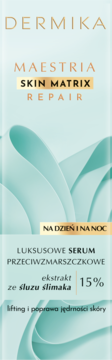 Dermika Maestria Skin Matrix Repair serum ze śluzem ślimaka. Jasnozielone opakowanie z złotymi detalami.