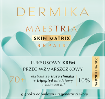 Dermika Maestria 70+, luksusowy krem przeciwzmarszczkowy ze śluzem ślimaka, złoto-turkusowe opakowanie.