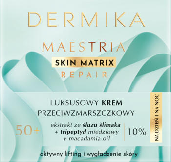 Krem Dermika Maestria 50+ przeciwzmarszczkowy, z śluzem ślimaka i miedzią. Zielone, kwadratowe opakowanie z przodu.