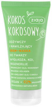 Ziaja Kokos Kokosowy KREM-MASKA, odżywcza i nawilżająca, w jasnozielonej tubce, widok z przodu.