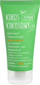 Ziaja Kokos Kokosowy nawilżający krem-maska do twarzy w zielonej tubce, 92% naturalnych składników, widok z przodu.