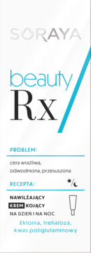 Opakowanie kremu nawilżająco-kojącego Soraya Beauty Rx, białe z turkusowymi detalami i czarnym napisem, widok z przodu.