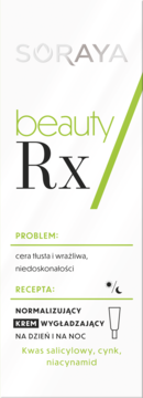 Soraya Beauty RX krem normalizujący do skóry tłustej i wrażliwej. Białe opakowanie, zielone akcenty, widok z przodu.