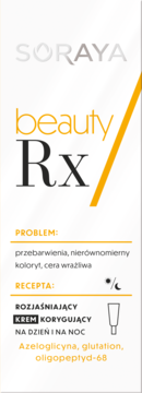Krem Soraya Beauty RX rozjaśniający przebarwienia, białe opakowanie z żółtymi akcentami, widok z przodu.