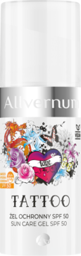 Allvernum Tattoo żel ochronny SPF 50 w białej butelce z kolorowym motywem tatuażu i napisem Tattoo.