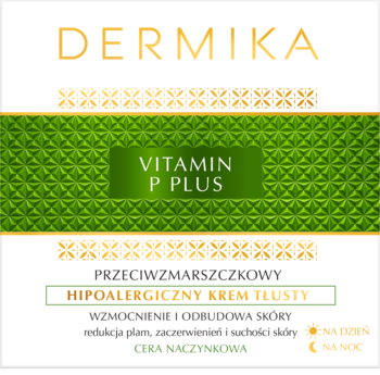 Białe opakowanie Dermika Vitamin P Plus z zielonym panelem, hipoalergiczny krem przeciwzmarszczkowy do cery naczynkowej, widok z przodu.
