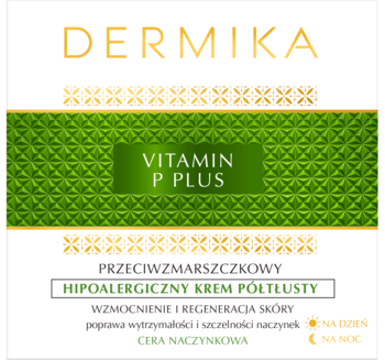 Dermika Vitamin P Plus, biały krem przeciwzmarszczkowy do cery naczynkowej, zielony pas, złote ozdoby.