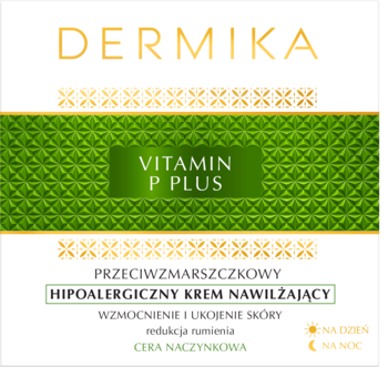 Dermika Vitamin P Plus przeciwzmarszczkowy hipoalergiczny krem nawilżający do cery naczynkowej, widok z przodu.