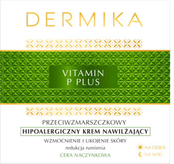 Dermika Vitamin P Plus przeciwzmarszczkowy hipoalergiczny krem nawilżający do cery naczynkowej, widok z przodu.