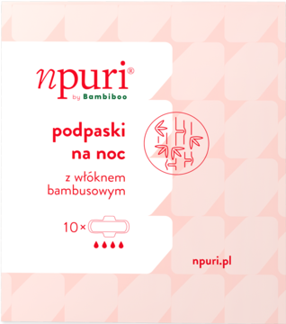 Różowo-białe opakowanie podpasek Npuri by Bambiboo na noc, z włóknem bambusowym, 10 sztuk, widok z przodu.