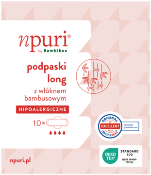 Opakowanie npuri by Bambiboo długie podpaski bambusowe hipoalergiczne, 10 szt. Widok z przodu na białym tle.