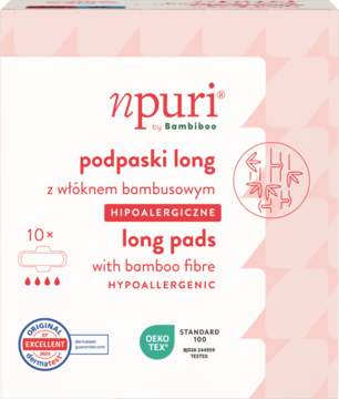 Front biało-różowego opakowania npuri by Bambiboo podpasek long z włóknem bambusowym, hipoalergiczne, 10 sztuk, OEKO-TEX.