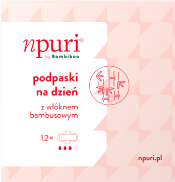 Różowe opakowanie npuri by Bambiboo podpaski na dzień z włóknem bambusowym, 12 sztuk, widok z przodu.