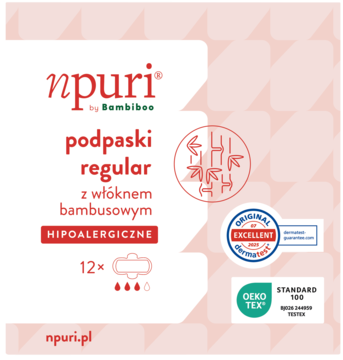 Różowe opakowanie podpasek npuri by Bambiboo regular z włóknem bambusowym, hipoalergiczne, 12 sztuk, widok z przodu.