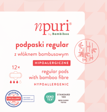 Białe opakowanie podpasek npuri by Bambiboo, regularne, z włóknem bambusowym, hipoalergiczne, widok z przodu.