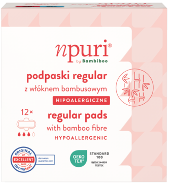 Biało-różowe opakowanie npuri regular pads z włóknem bambusowym, hipoalergiczne, 12 sztuk.