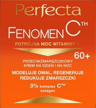 Pomarańczowe opakowanie Perfecta Fenomen C 60+ krem przeciwzmarszczkowy na dzień i noc ze złotymi napisami.