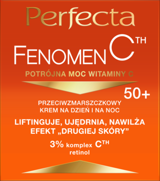 Perfecta Fenomen C 50+ krem przeciwzmarszczkowy z potrójną witaminą C i retinolem, pomarańczowa grafika.