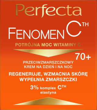 Pomarańczowa etykieta Perfecta Fenomen C krem 70+ przeciwzmarszczkowy dzień/noc z witaminą C.