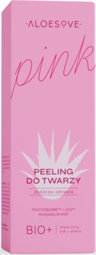 Różowy kwasowy peeling do twarzy Aloesove Pink w opakowaniu, z napisem "złuszcza i odnawia", z motywem aloesu.