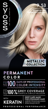 Syoss 9.53 Srebrzysty Blond farba, modelka z metalicznym srebrnym blondem, trwała koloryzacja z keratyną.