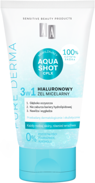AA Pure Derma 3w1 Hialuronowy Żel Micelarny w białej tubce z niebieską nakrętką, widok z przodu.